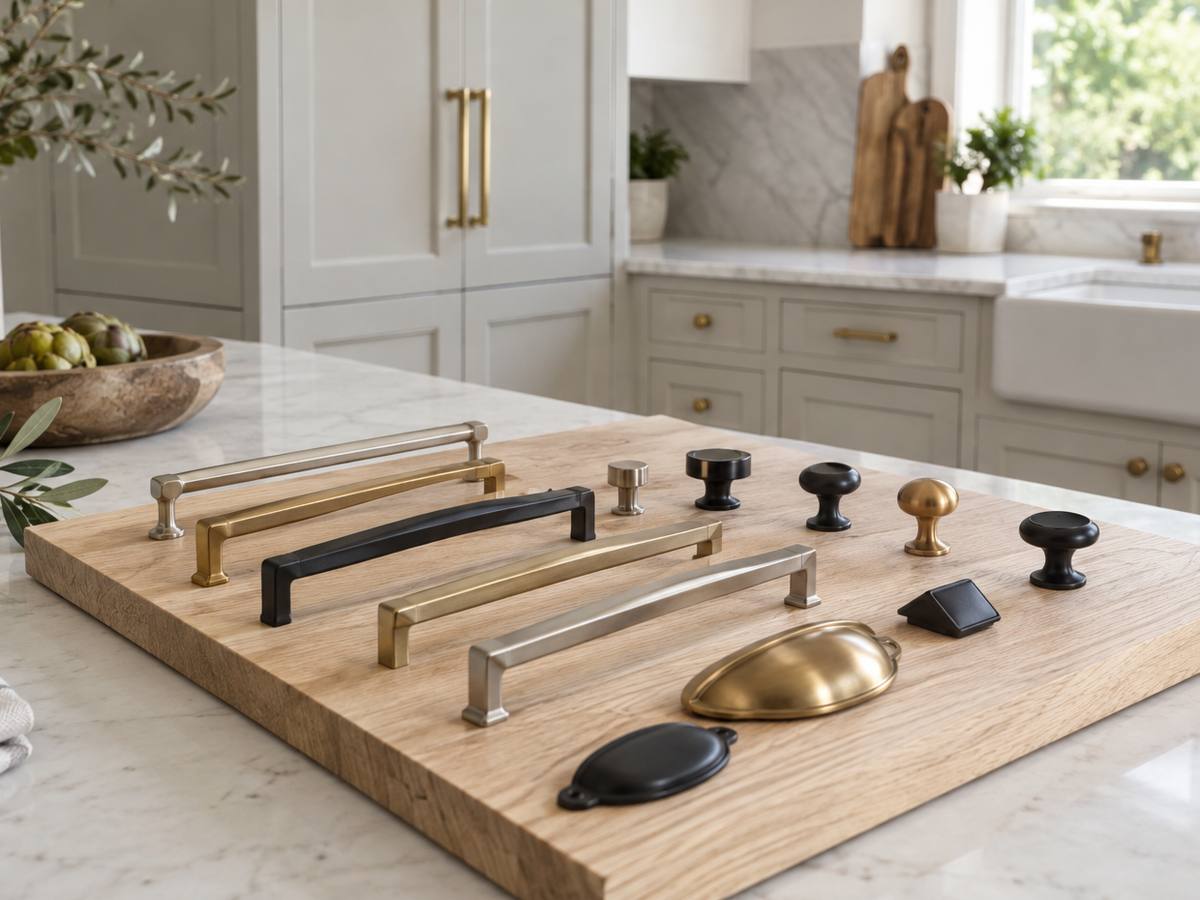 Cabinet hardware samples laid out along a counter while finishes are compared and chosen.