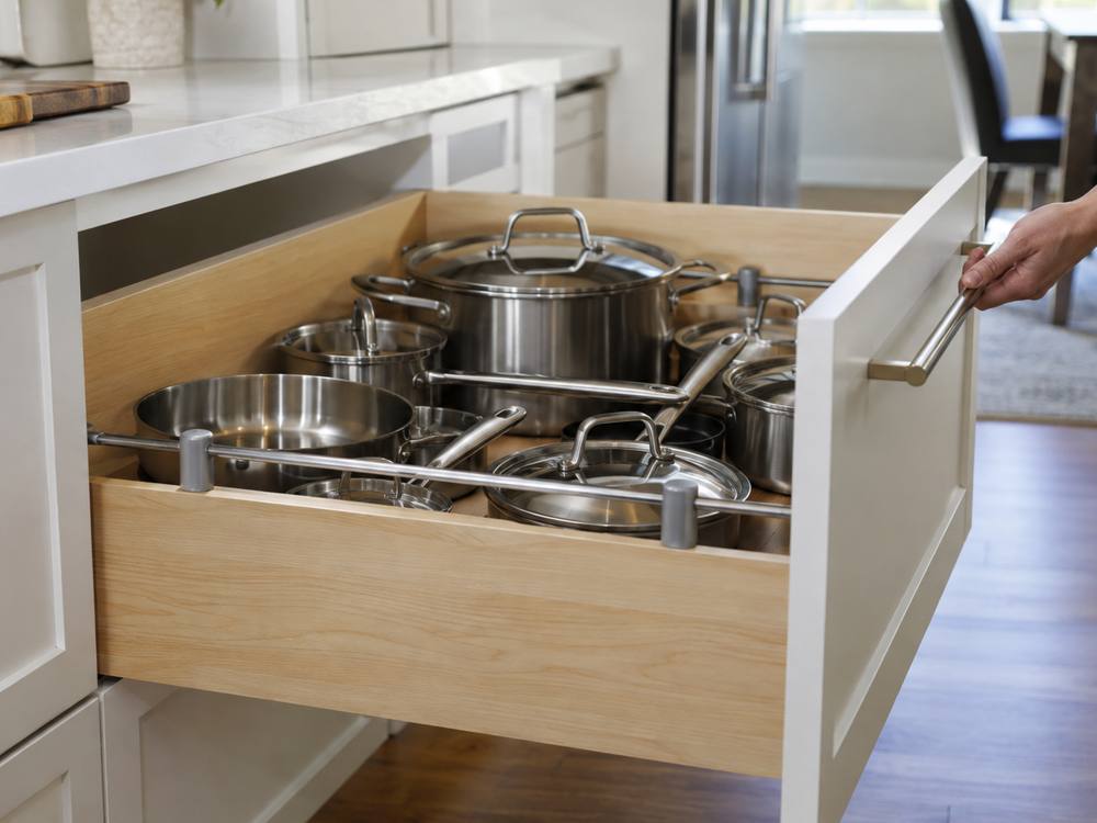 A deep painted drawer pulled open to show pots and pans.