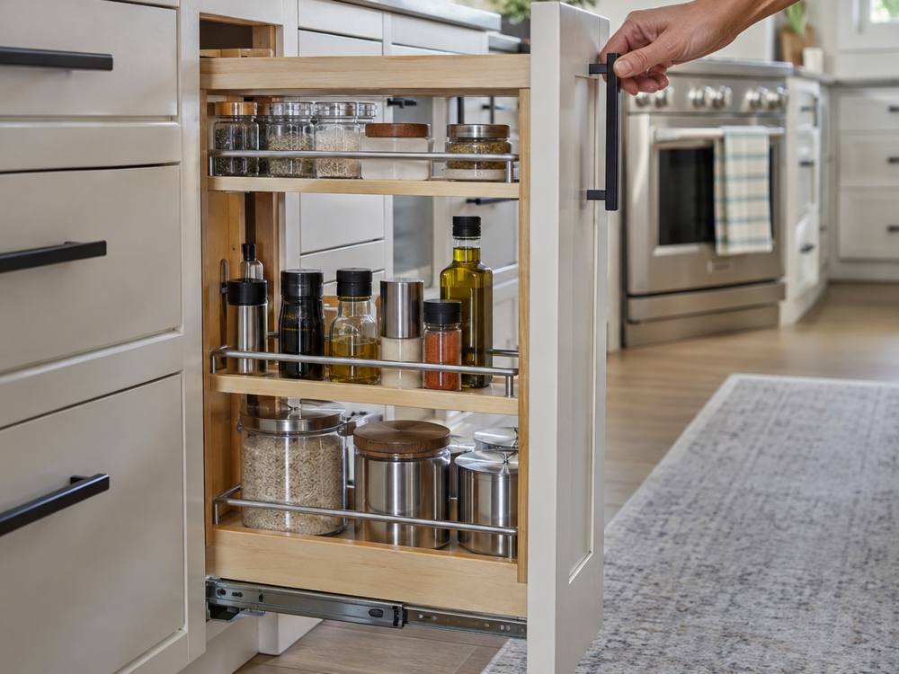A narrow pullout spice rack sliding out beside black-handled cabinets.