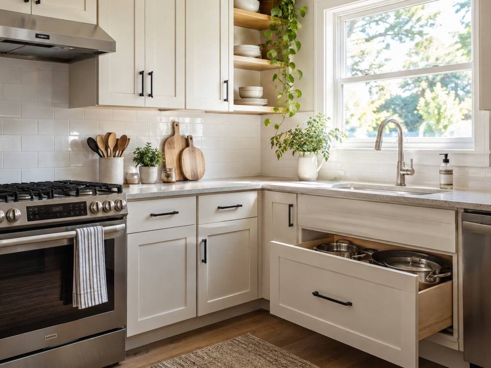 Cream shaker cabinets with black pulls in a bright small kitchen.