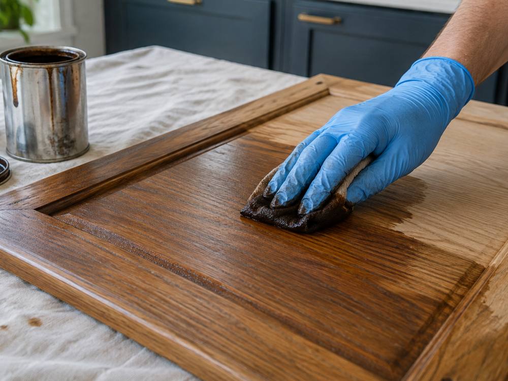 Dark stain wiped onto a raised panel oak door with a cloth.