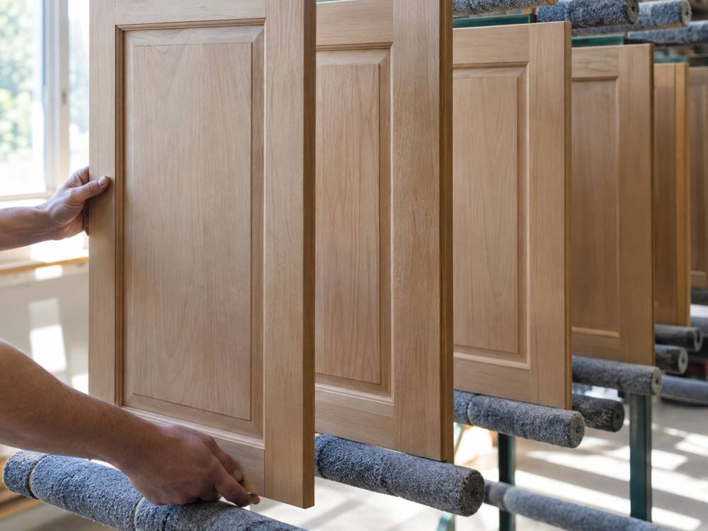 Raised panel oak doors racked upright in a shop, ready for finishing.