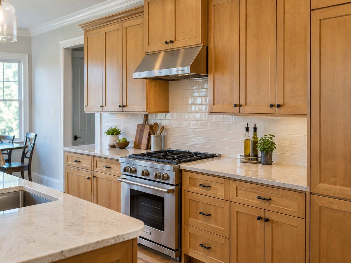 A honey maple kitchen with its original stained doors and drawer fronts still fitted.