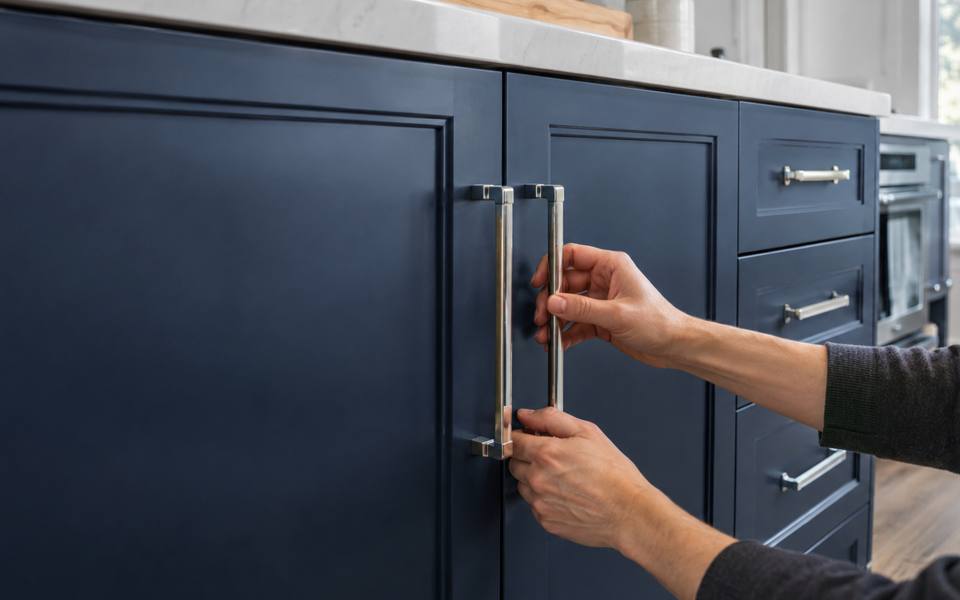 Chrome handles fitted to navy blue painted vanity doors.