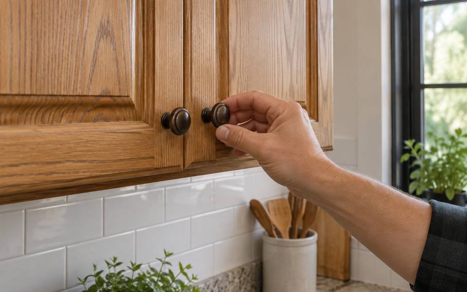 An oil-rubbed bronze knob fitted to a refinished oak cabinet door.
