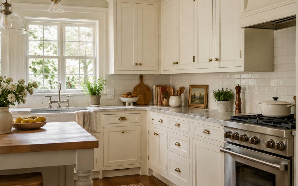 A cream cottage-style kitchen with wood countertops and sprayed painted doors.