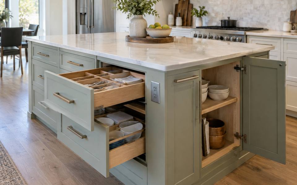 An island with its drawers pulled open to show the storage inside.