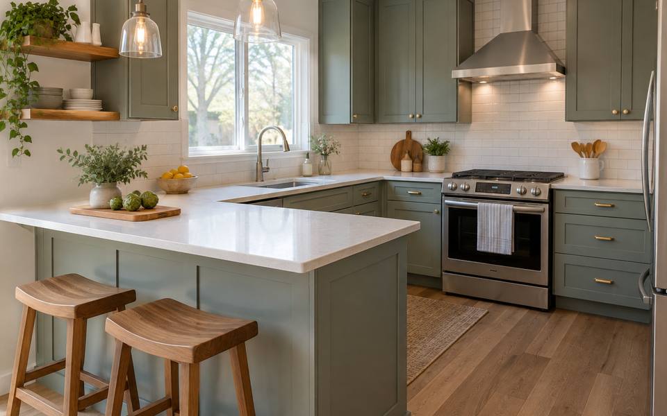 A small kitchen with a painted breakfast bar and two stools pulled up to it.