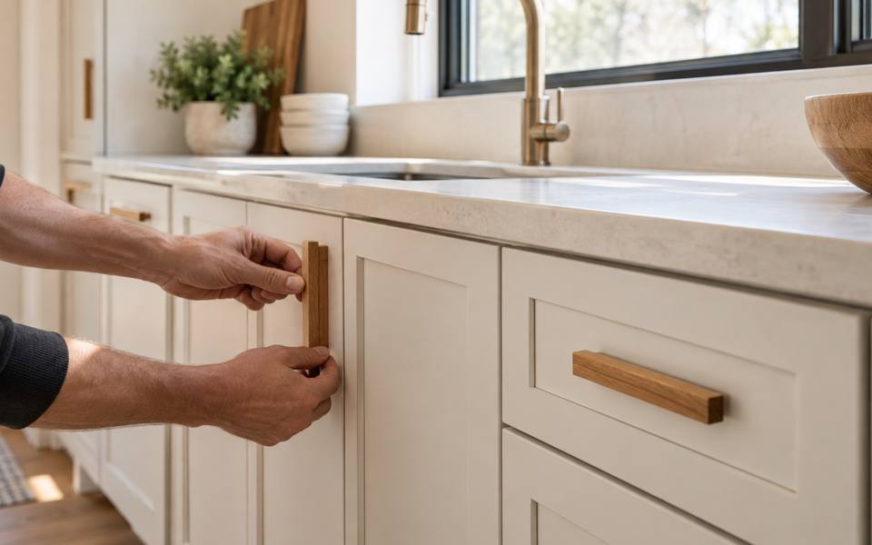 Wood handles mounted on freshly painted white cabinet doors in a Markham kitchen.