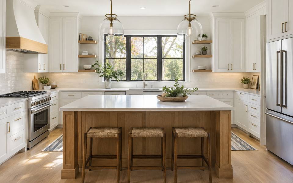 A cream remodelled kitchen built around a large island with seating.