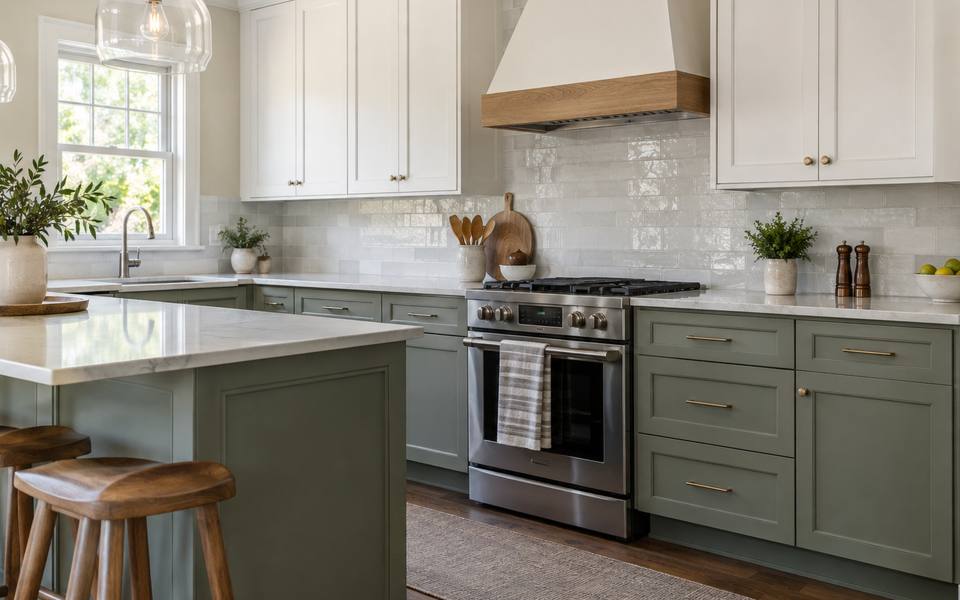 A two-tone kitchen with light upper cabinets above darker painted lower cabinets.