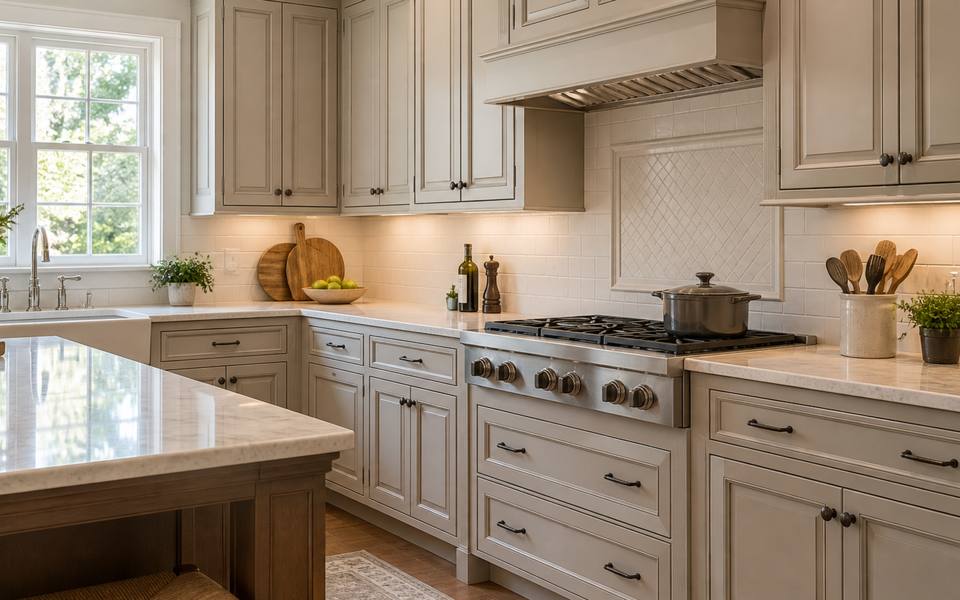 A close view of warm greige painted doors fitted with small brass knobs.
