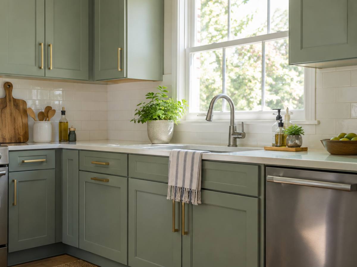 Sage green lower cabinets below white uppers, finished with brass pulls throughout.